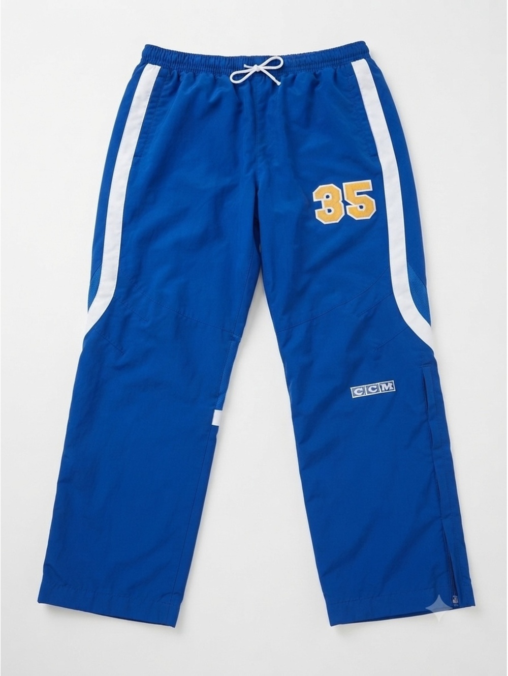 Vintage CCM Hockey Warm Up Pants Blue White Yellow Number 35 Men's Large Flawed